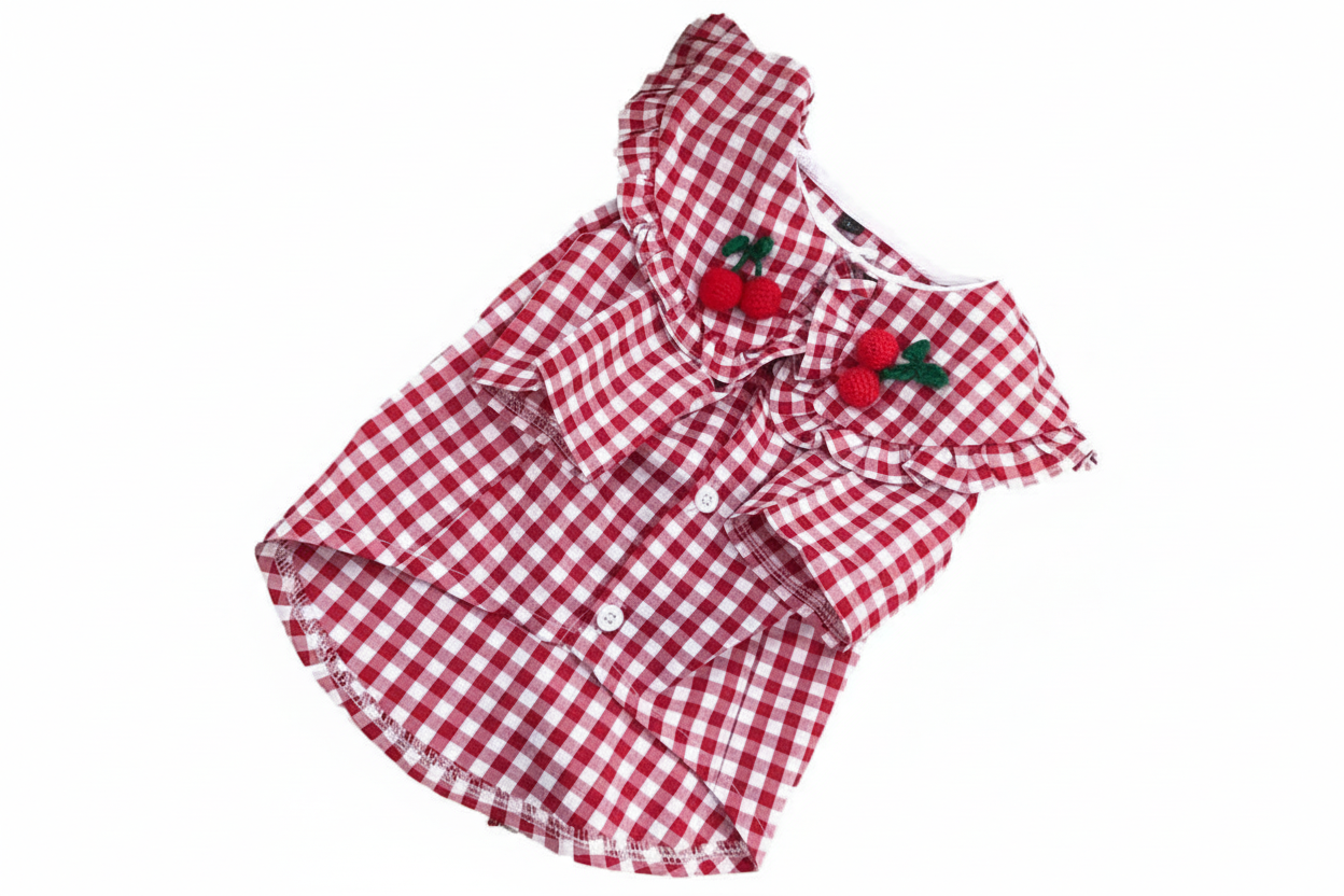 Red and white checkered dress with cherry details on a white background