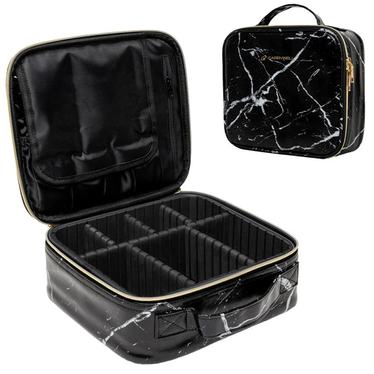 Carrywell |Not Made In China| Makeup Train Case Cosmetic Travel Organizer For Professional Beauty Artist Portable Storage Bag W/Adjustable Dividers For Jewelry and Brushes (2 Marble Small)