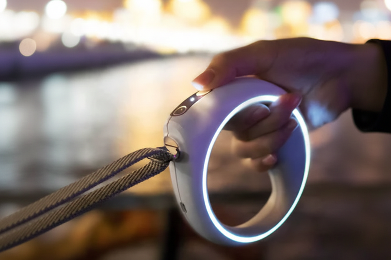 Hand holding a glowing circular device with a blurred background